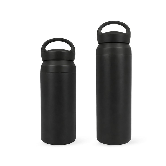 A drink bottle set featuring two black double wall stainless steel bottles with handles, in 350ML and 500ML sizes.