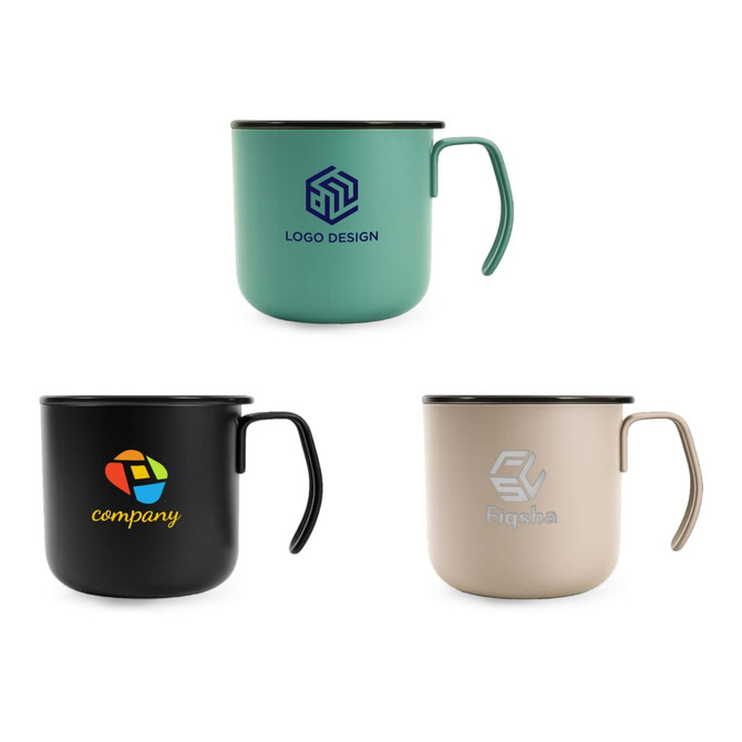 Three stainless steel insulated mugs in teal, black, and beige, each featuring a logo.