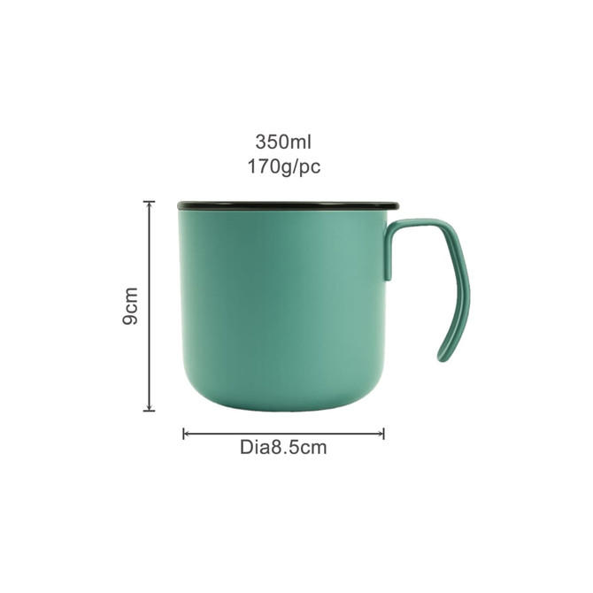 A green stainless steel insulated mug with a black lid, measuring 9cm in height and 8.5cm in diameter.