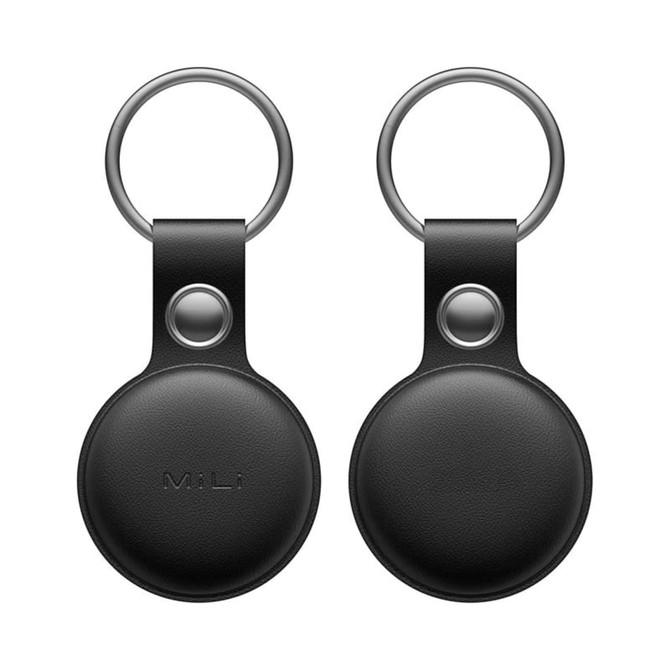 A black tracking tag with a keyring attachment, featuring a smooth circular design and a branding logo.