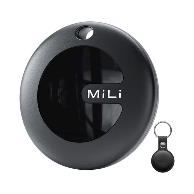 A black tracking tag with a rounded design, accompanied by a keyring attachment. It features a logo.
