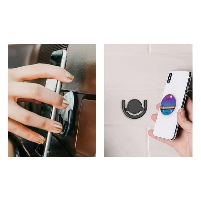 A phone pop holder in black, with a colourful circular design, attached to a smartphone and a surface.