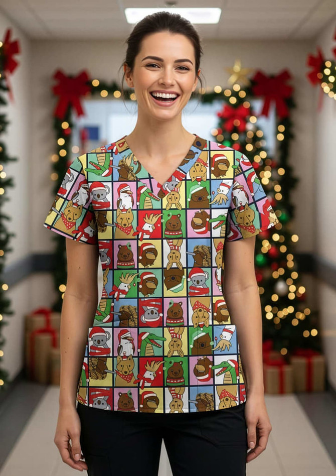 A women's Christmas scrub top featuring a colourful holiday-themed print with various festive characters.