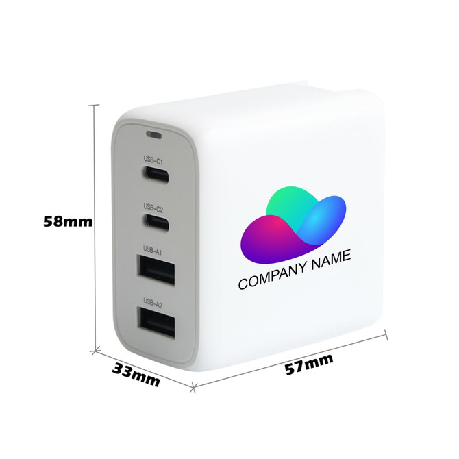 A white universal travel adapter with four USB ports, featuring a logo on the side, dimensions displayed beside it.