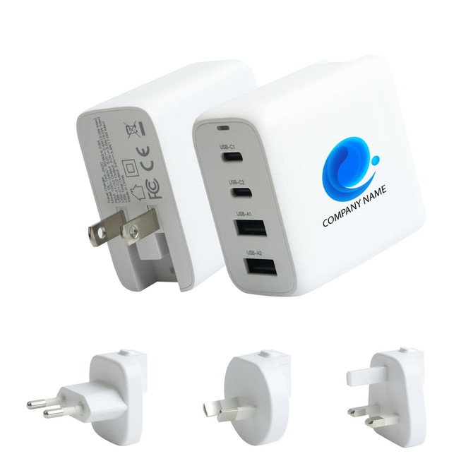 A universal travel adapter in white with four USB ports and interchangeable plug types, featuring a logo.