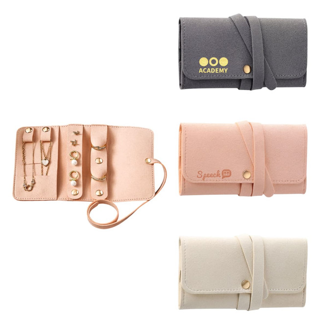 A synthetic leather jewellery bag displayed in pink, grey, and cream with gold accents and a logo.