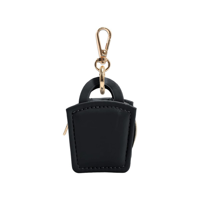A black mini PU leather jewellery box with a gold clip. It features a small handle and zip closure.