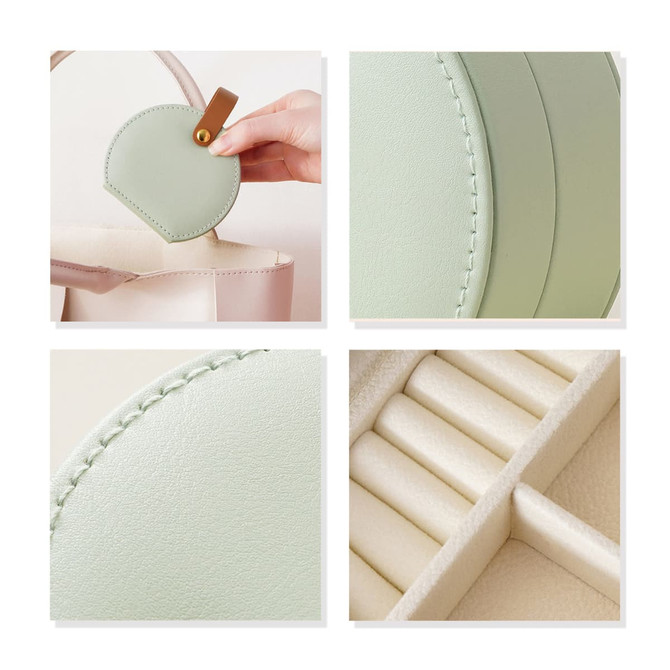 A small, round mint green PU leather jewellery box with a snap closure and an interior compartment for rings.