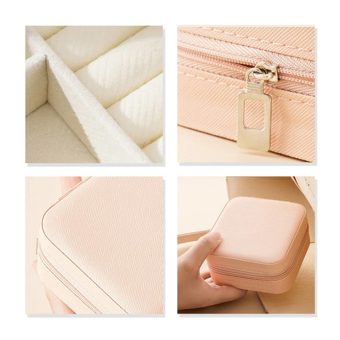 A pink PU leather jewellery box featuring sections for organisation, a secure zipper, and a smooth exterior.