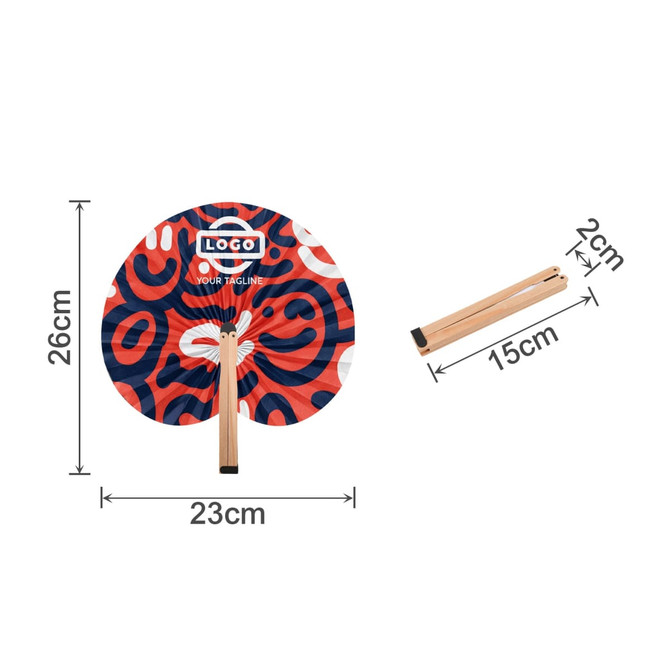 A fan with a peach shape design featuring red and blue patterns, complemented by a wooden handle. It has branding visible.