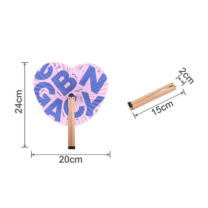 A heart-shaped wooden paper fan in pink and purple, featuring a wooden handle measuring 15 cm.