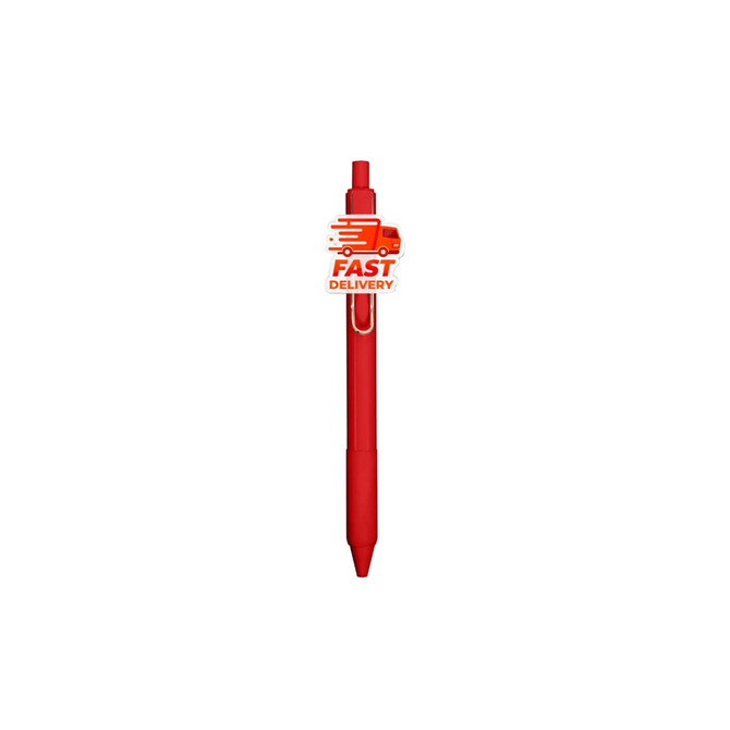 A red acrylic pen featuring a clip and a logo.