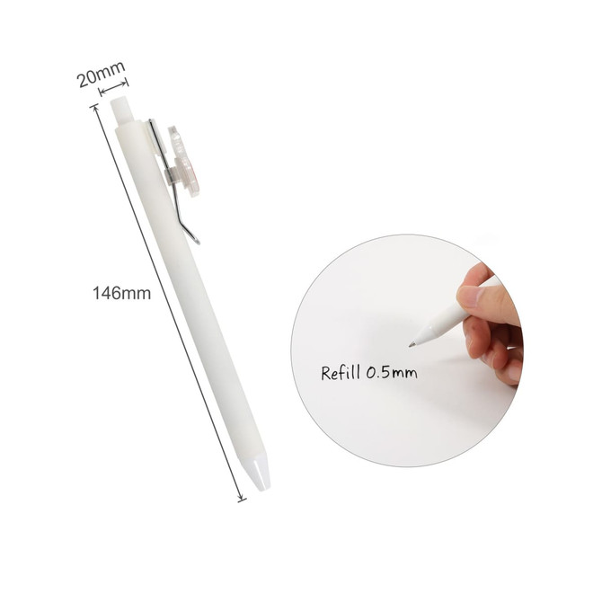 A custom acrylic pen with a white body and a clip, featuring a 0.5mm refill tip.