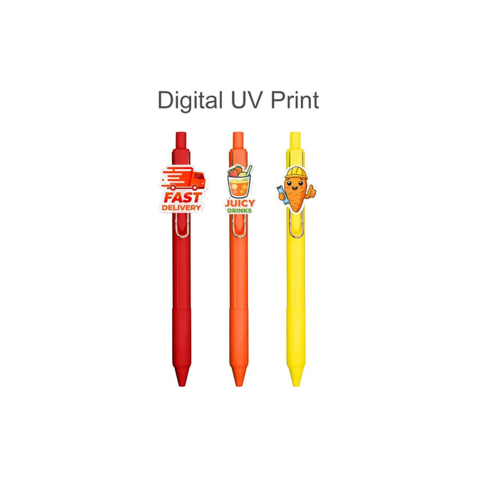 A set of three custom acrylic pens in red, orange, and yellow, each featuring a different graphic and a logo.