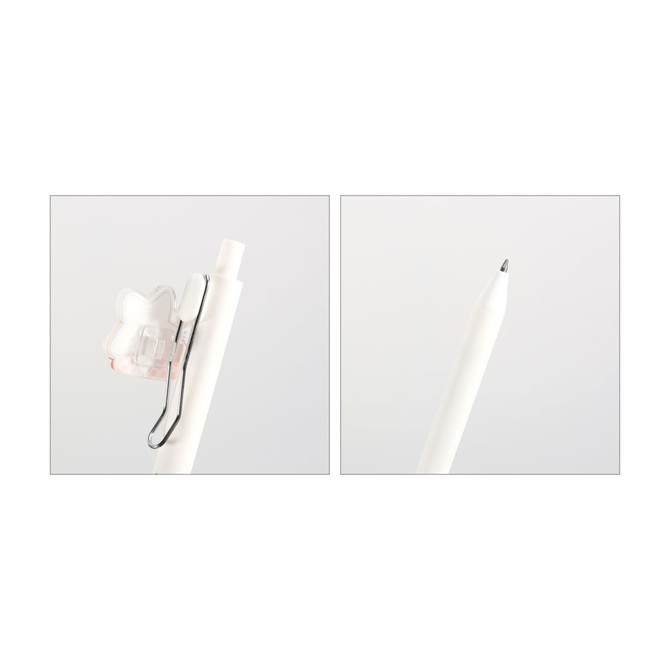 A white acrylic pen with a metal clip, featuring a transparent top and a smooth writing tip.