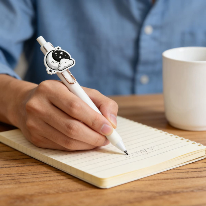 A white acrylic pen with a decorative clip is being used to write on a lined notebook beside a cup.