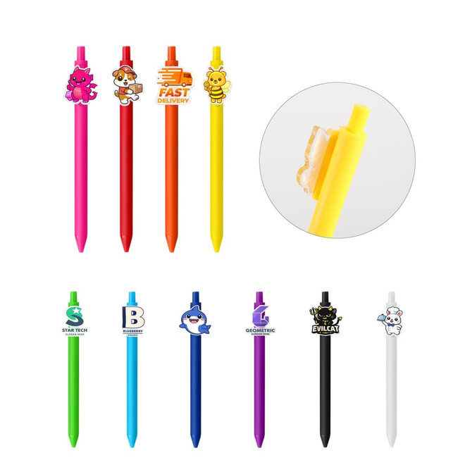 A set of colourful custom acrylic pens in various hues with character attachments, including pink, orange, yellow, black, and white.