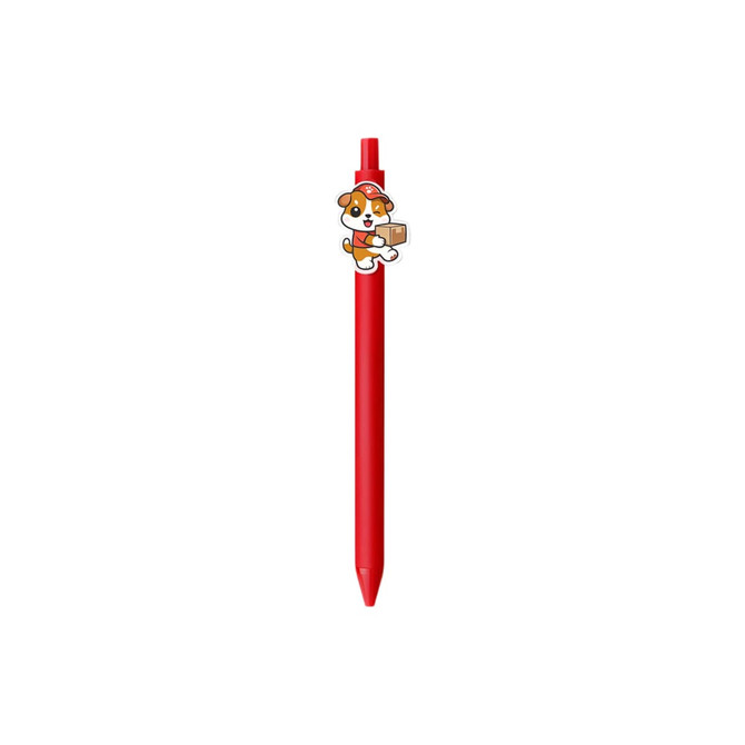 A red acrylic pen featuring a playful dog character holding a box and includes a logo.