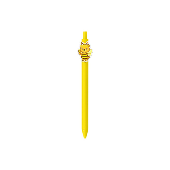A yellow acrylic pen featuring a cute bee character on the top and a logo.