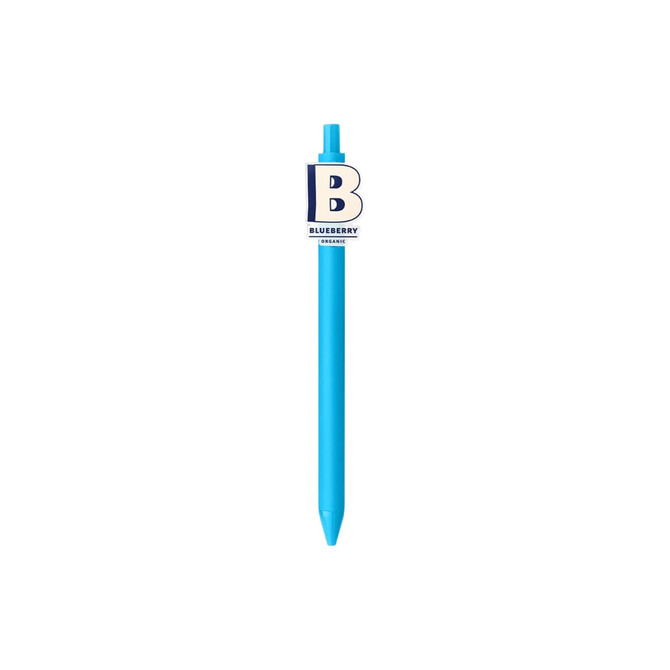 A custom acrylic pen in a vibrant blue colour with a logo at the top.