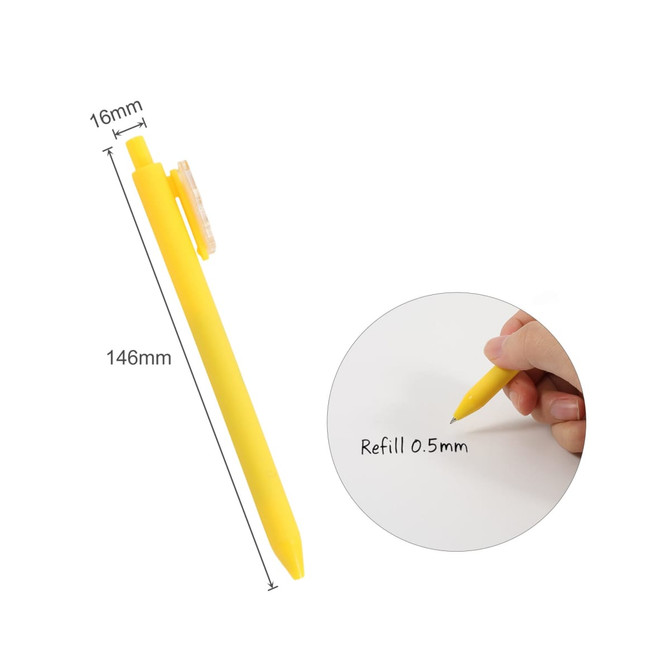 A yellow acrylic pen with a clip, featuring a 0.5mm refill size for smooth writing.