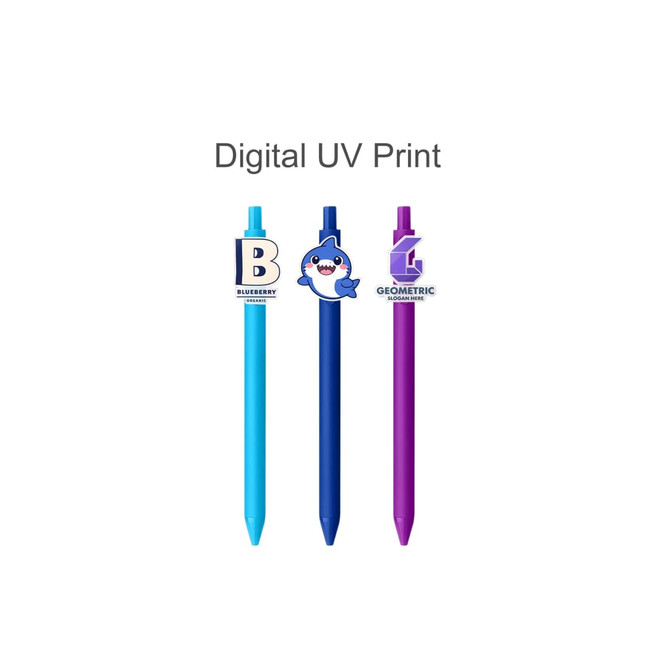 Three custom acrylic pens in blue, dark blue, and purple, featuring various printed designs and a logo.