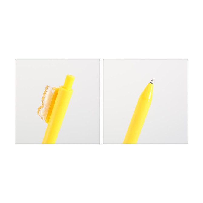 A custom acrylic pen in bright yellow with a clip and a pointed tip. It features a logo on the side.