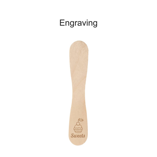 A wooden ice cream spoon stick in a light, natural colour with engraved design. Features a logo.