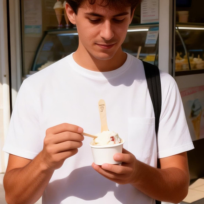 A young man holds a cup of ice cream with a wooden spoon stick in hand, wearing a white t-shirt. 