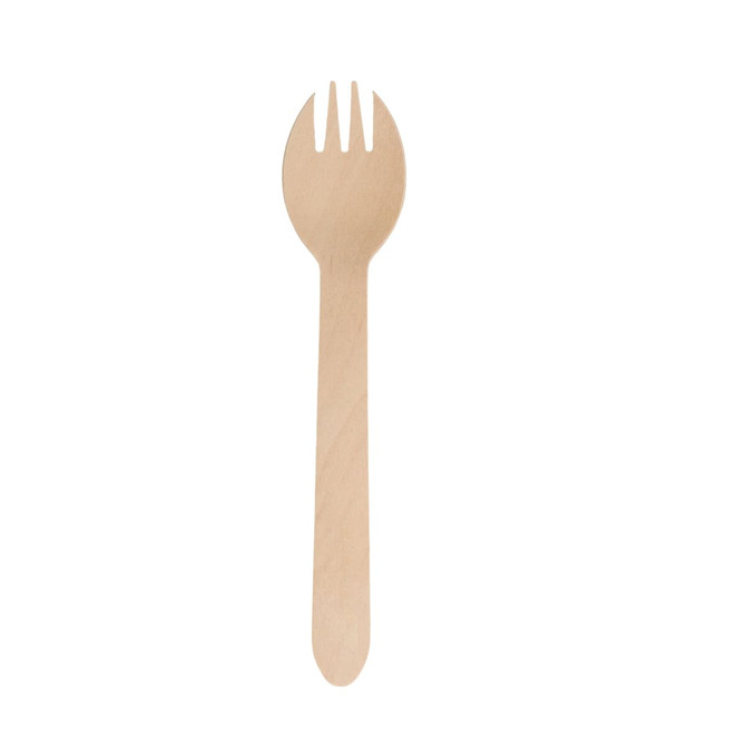 A light wooden fork with a long handle and three tines, part of a disposable cutlery set.