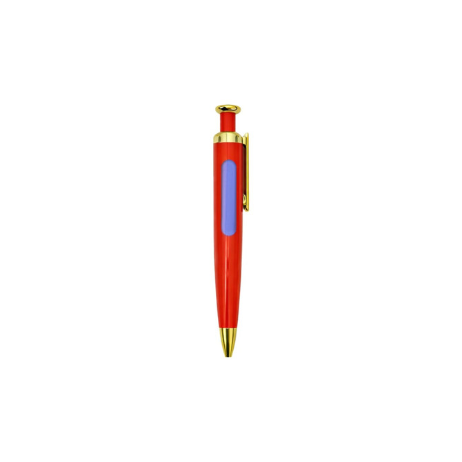 A red pen with a gold tip and clip, featuring a blue accent on the barrel and a logo on the clip.