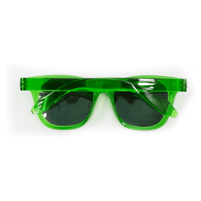 A pair of bright green polarised sunglasses with a sleek design and dark lenses. Features a logo on the frame.