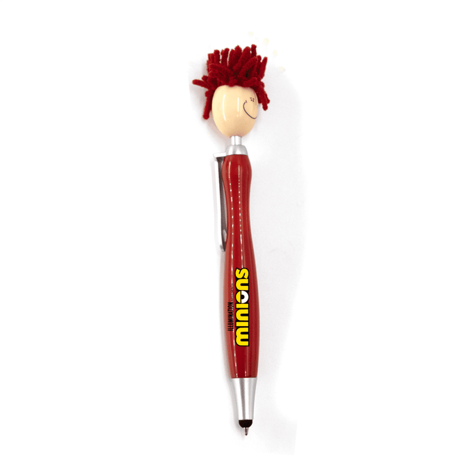 A red pen featuring a character head with mop-like hair, complete with a logo and a stylus tip.