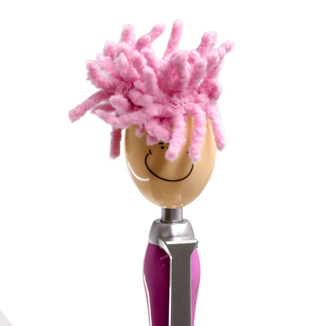 A pen featuring a smiley face and a pink mop head, with a stylus at the top.