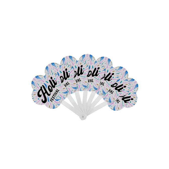 A seven-piece plastic hand fan featuring a colourful floral design and a logo. The fan has a white handle.