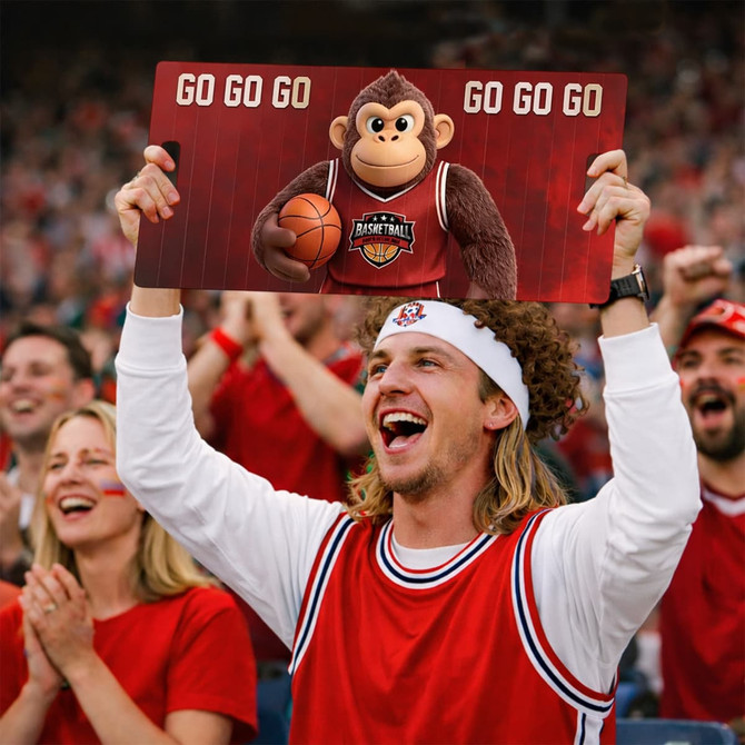 A vibrant banner featuring a cartoon monkey holding a basketball, surrounded by enthusiastic fans in red attire.