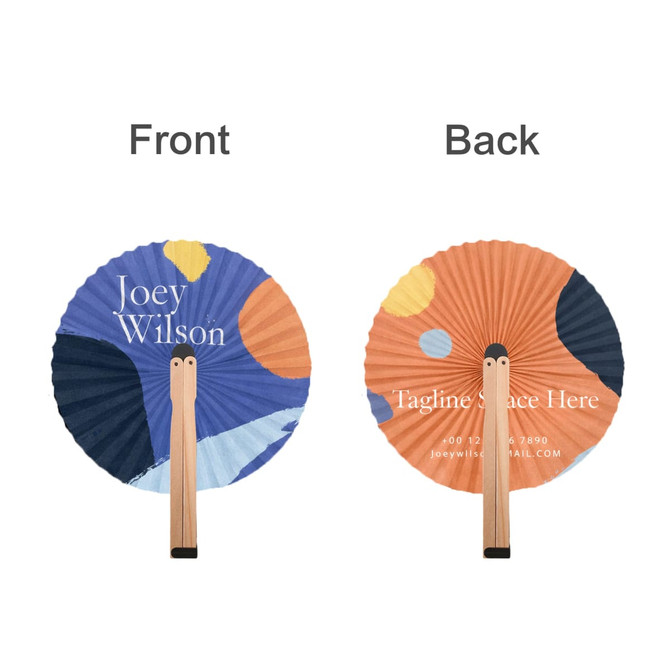 A round wooden paper fan featuring a blue and orange design on one side and a plain orange on the reverse with a logo.