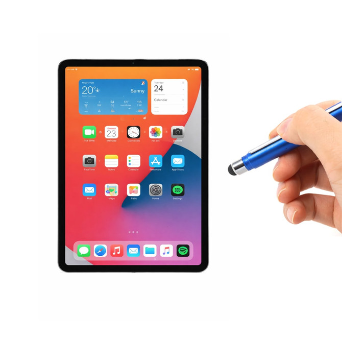 A blue 2 in 1 commercial banner pen is held next to a tablet displaying a vibrant home screen.