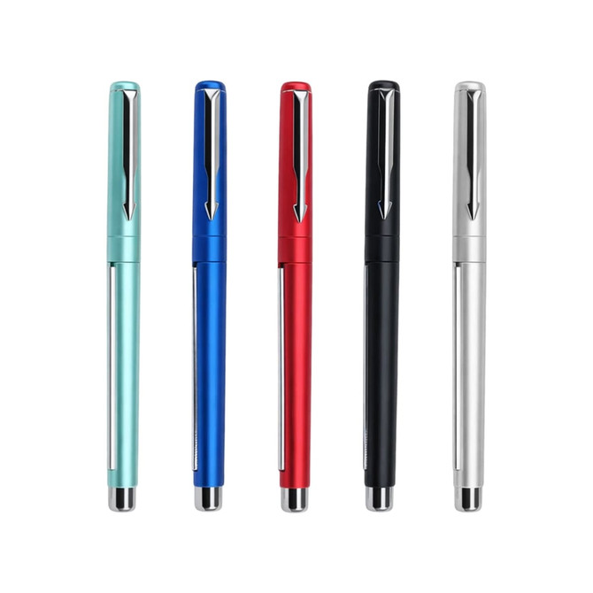 A set of five pens in mint green, blue, red, black, and silver, featuring a sleek design and a logo.