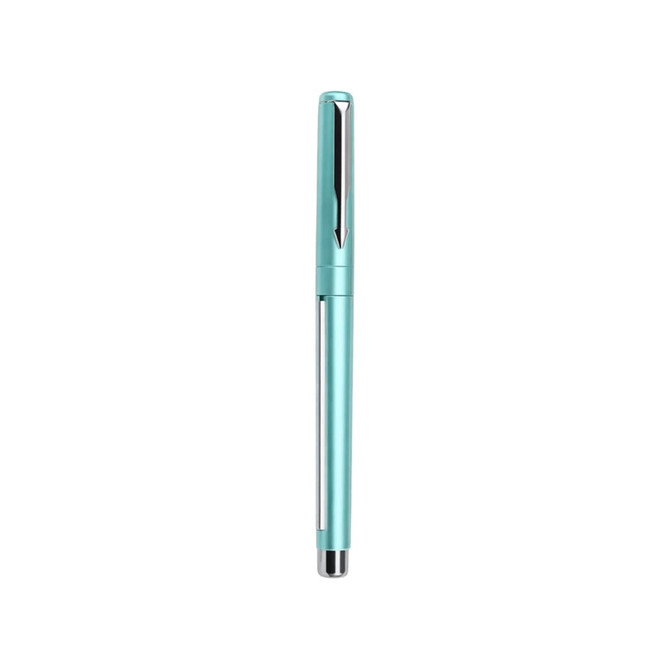 A teal pen with a silver clip and cap, featuring a sleek design and shiny finish.