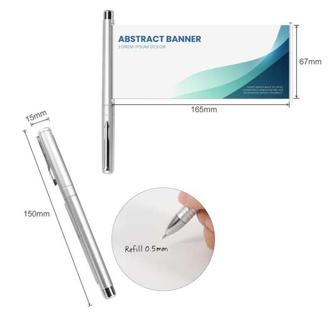 A silver pen with a promotional banner attachment featuring an abstract design in blue and white.