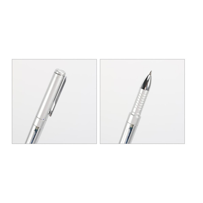 A silver pen featuring a sleek design with a clip and a detailed grip. It has a shiny tip and a branded logo.