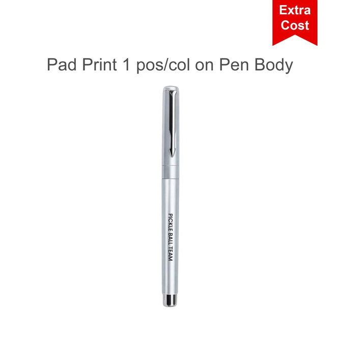 A silver pen with a sleek design, featuring a clip and a branding area on the body.