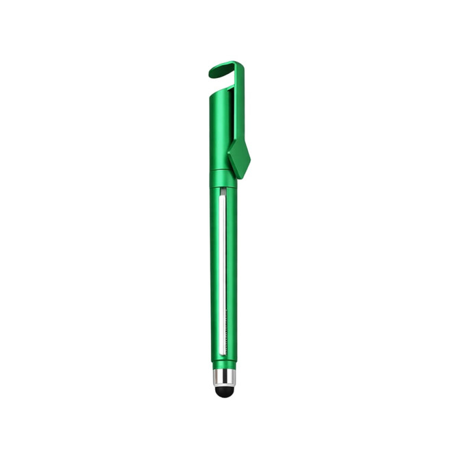 A green promotional pen with a clip, featuring a stylus tip and a visible QR code section.