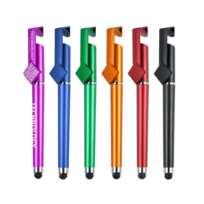 A collection of six 3 in 1 QR Code Pens in purple, green, red, orange, blue, and black, featuring a logo.