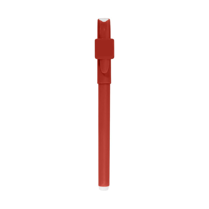 A red pen with a clip and a smooth barrel, featuring a logo on its side.