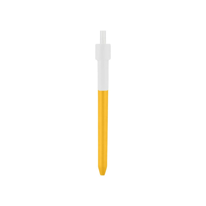 A yellow and white click pen featuring a clear barrel design and a logo.