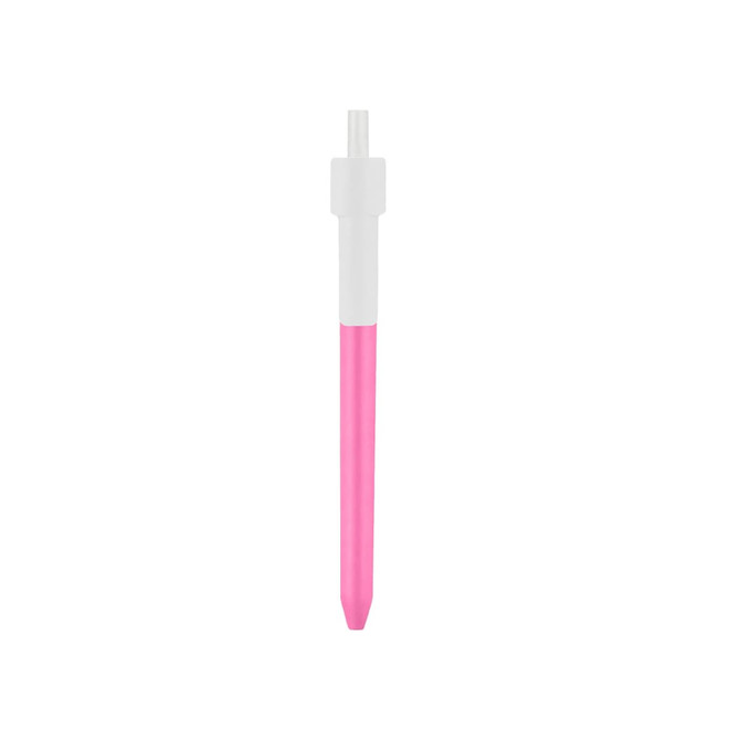 A pink and white click pen featuring a transparent barrel and a smooth writing tip.
