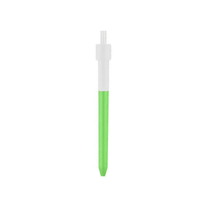 A green and white click pen with a smooth surface and a clear cap, featuring a logo on the barrel.