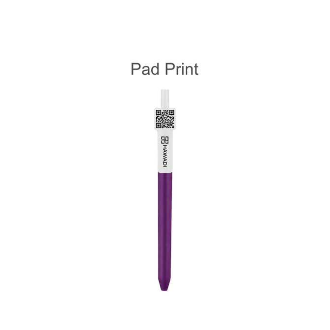 A purple pen with a white cap featuring a QR code and branding on the side.